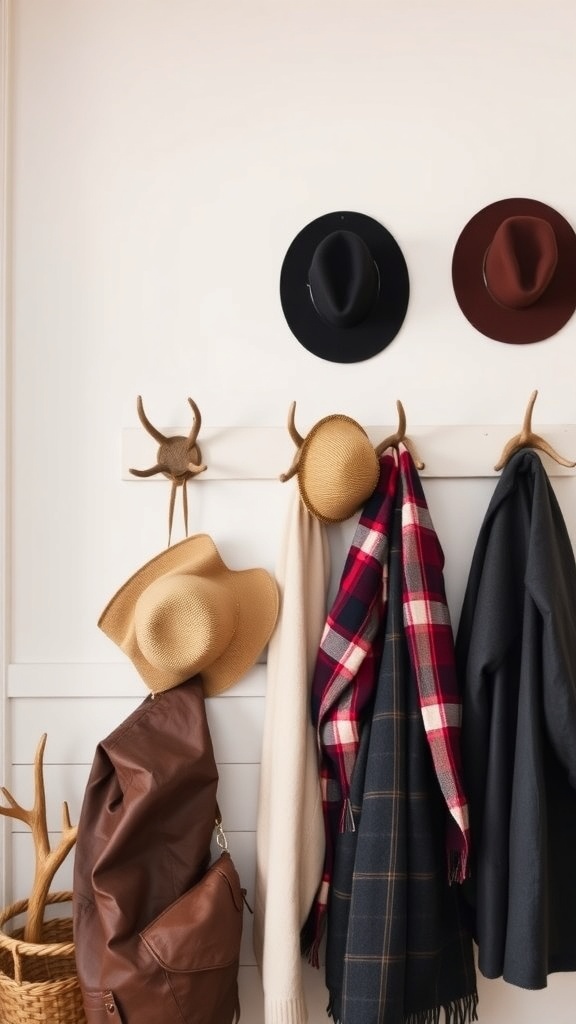Antler wall hooks holding hats and scarves in a farmhouse living room