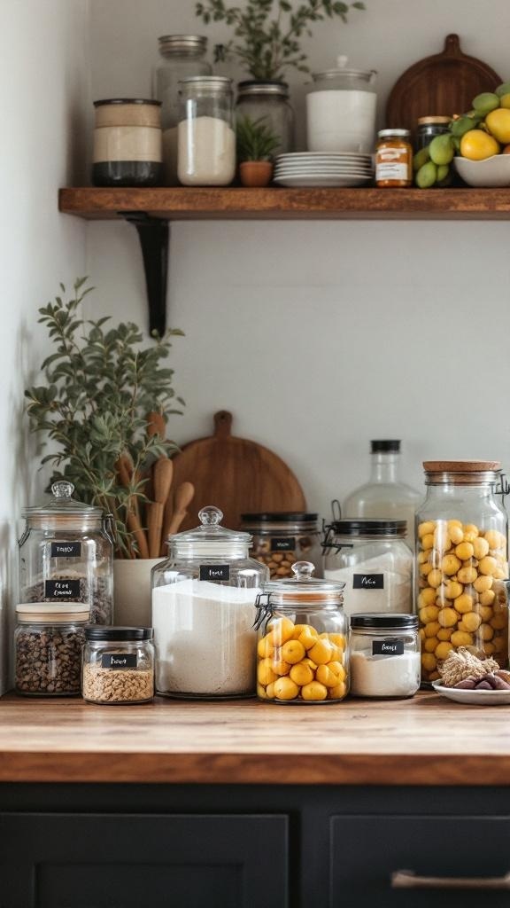 A farmhouse kitchen with various apothecary jars and canisters filled with ingredients and fruits on a wooden countertop.