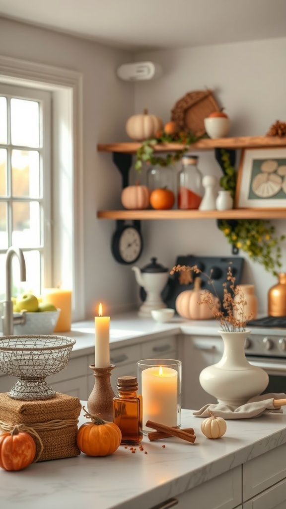 A cozy kitchen decorated for fall with apple and cinnamon scents, featuring candles, pumpkins, and rustic decor.