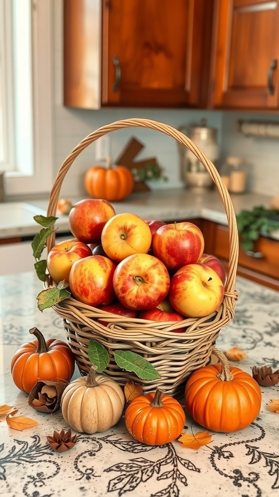 A woven basket filled with yellow and red apples, surrounded by small pumpkins and acorns, set on a kitchen counter.