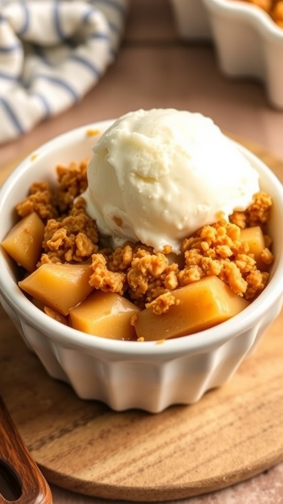 A bowl of apple crisp topped with vanilla ice cream.