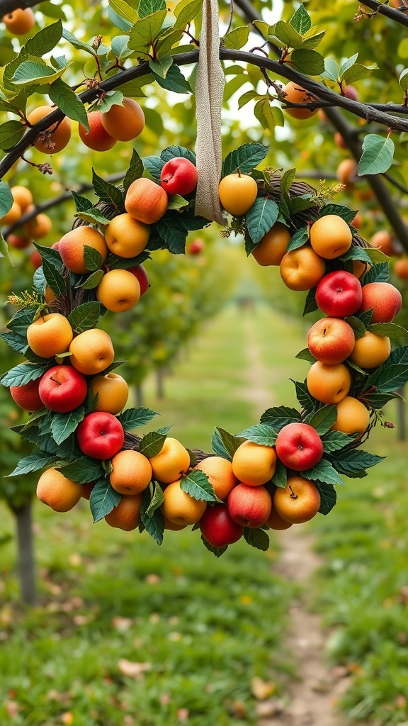 A wreath made of colorful apples and green leaves hanging in an apple orchard.