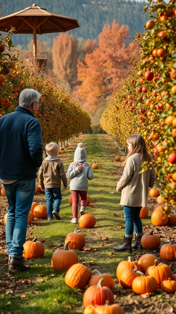 A family walking through an apple orchard with pumpkins on the ground, surrounded by colorful autumn trees.