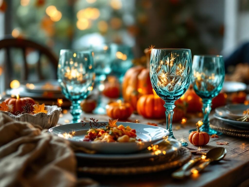 A beautifully set Thanksgiving table featuring aqua glassware, pumpkins, and autumn leaves.