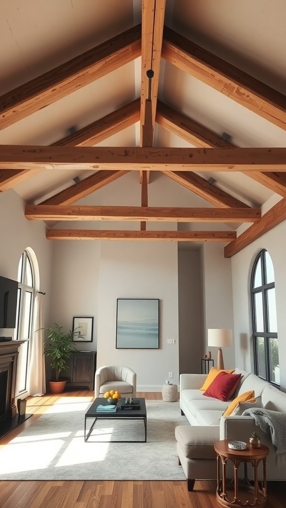 A stylish living room featuring wooden beams, large windows, and modern furniture.