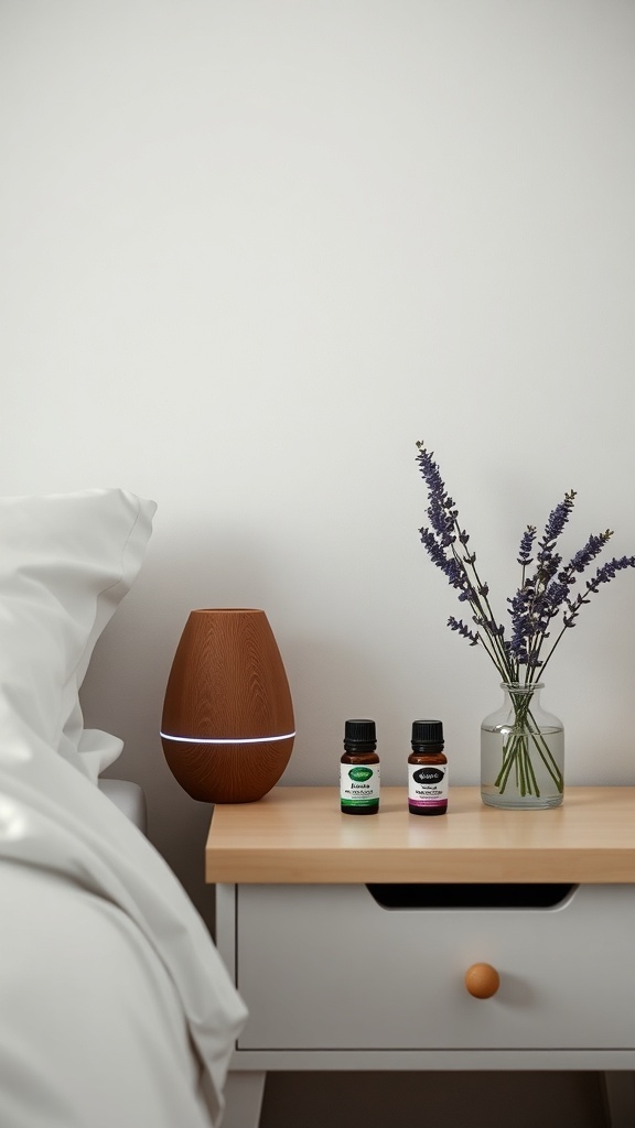 A cozy sleep space featuring a diffuser, essential oils, and lavender flowers on a bedside table.