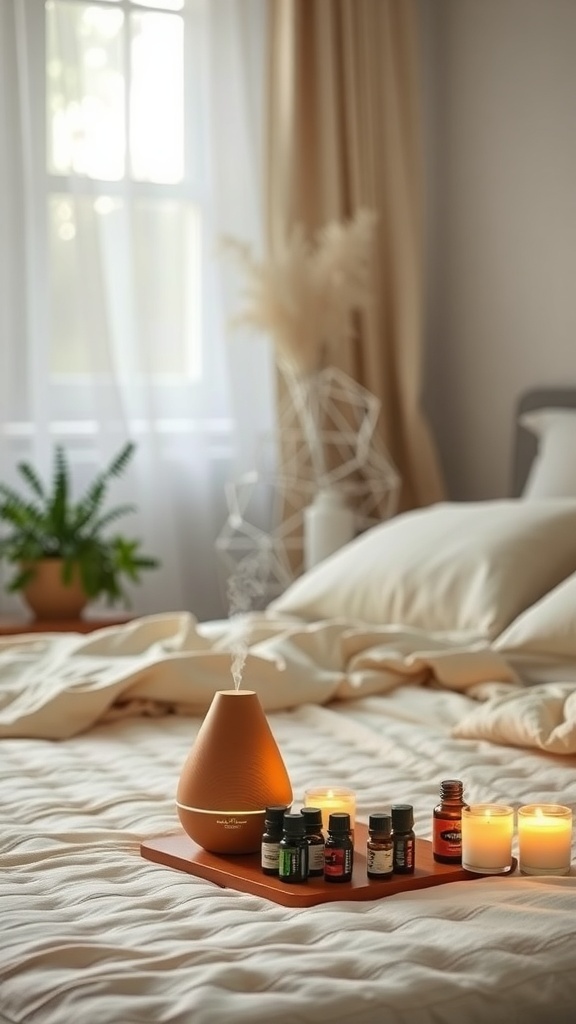 A cozy bedroom setup featuring a diffuser, essential oils, and candles on a bed.