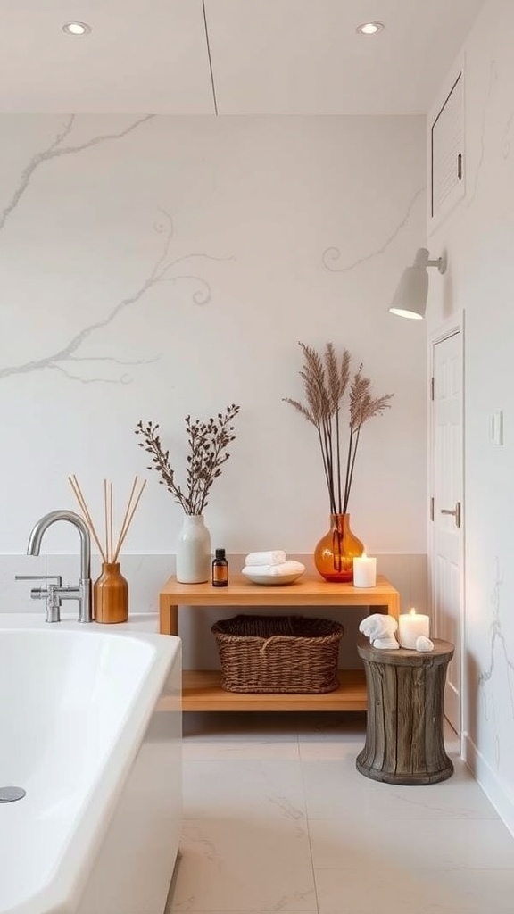 A serene spa bathroom with aromatherapy features, including essential oil bottles, candles, and natural decor.