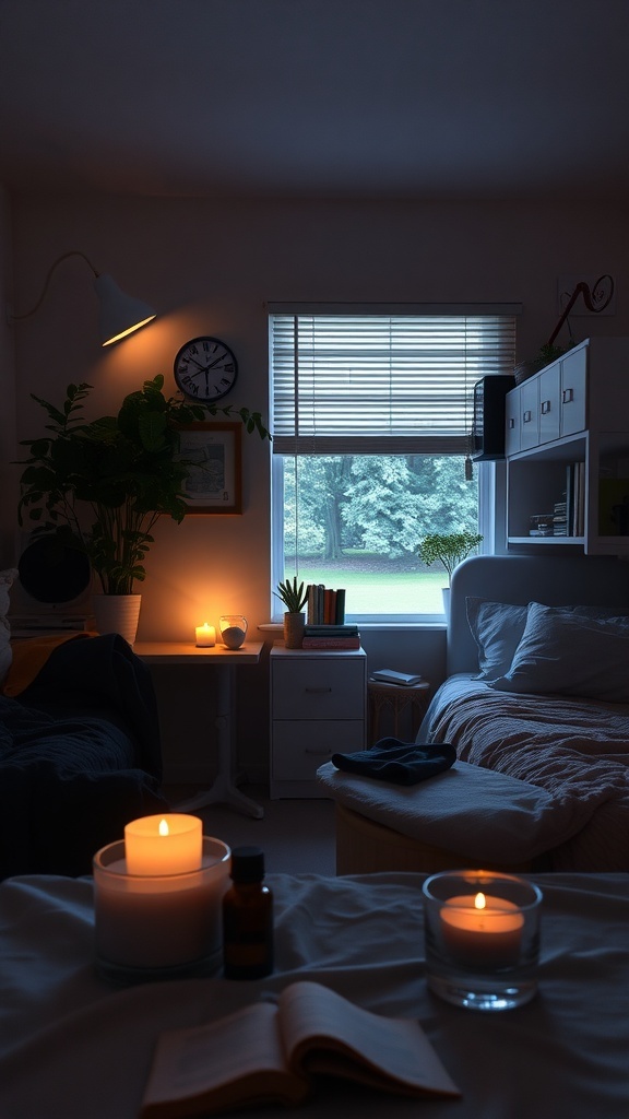 A cozy dorm room with candles, essential oils, and a book, creating a relaxing atmosphere.
