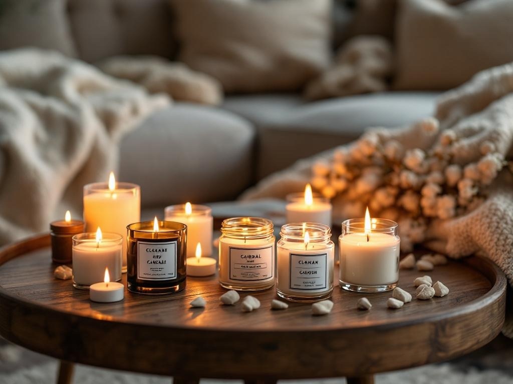 A cozy arrangement of various candles on a wooden table, creating a warm atmosphere.