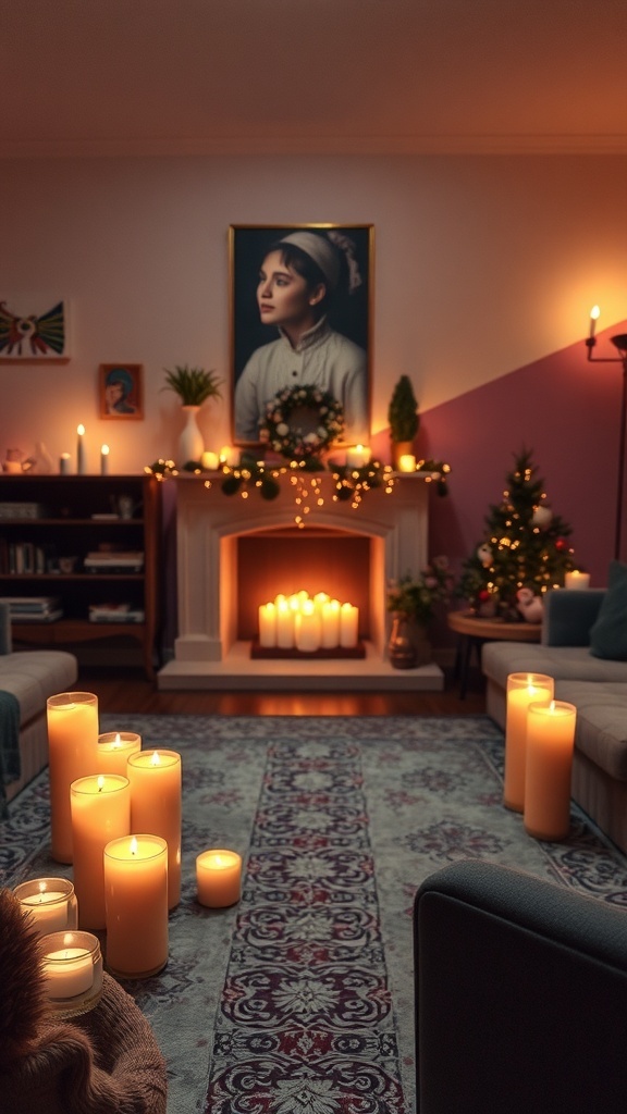 Cozy living room with candles and soft lighting