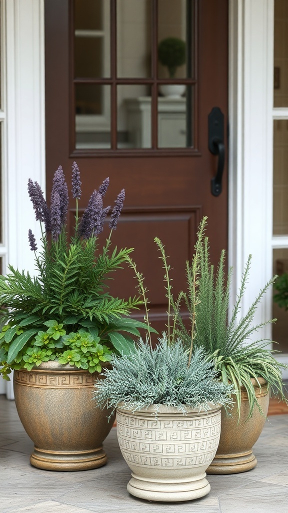 Planters with aromatic herbs and spices near a front door