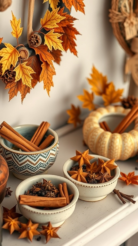 Decorative bowls filled with aromatic spices like cinnamon sticks and star anise, surrounded by autumn leaves and a pumpkin.