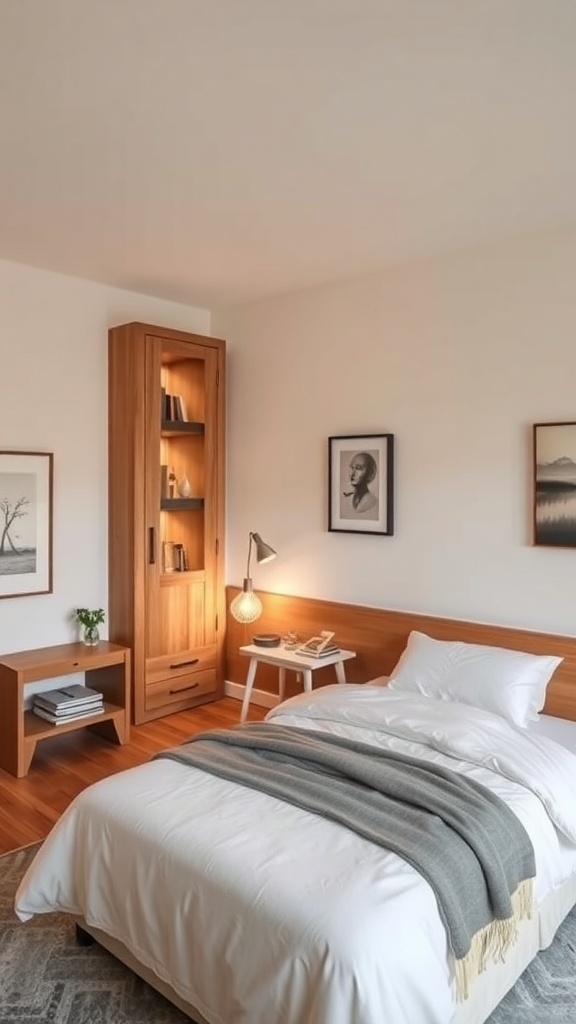 A cozy bedroom with a bed, desk, and plants, featuring natural light from a window.