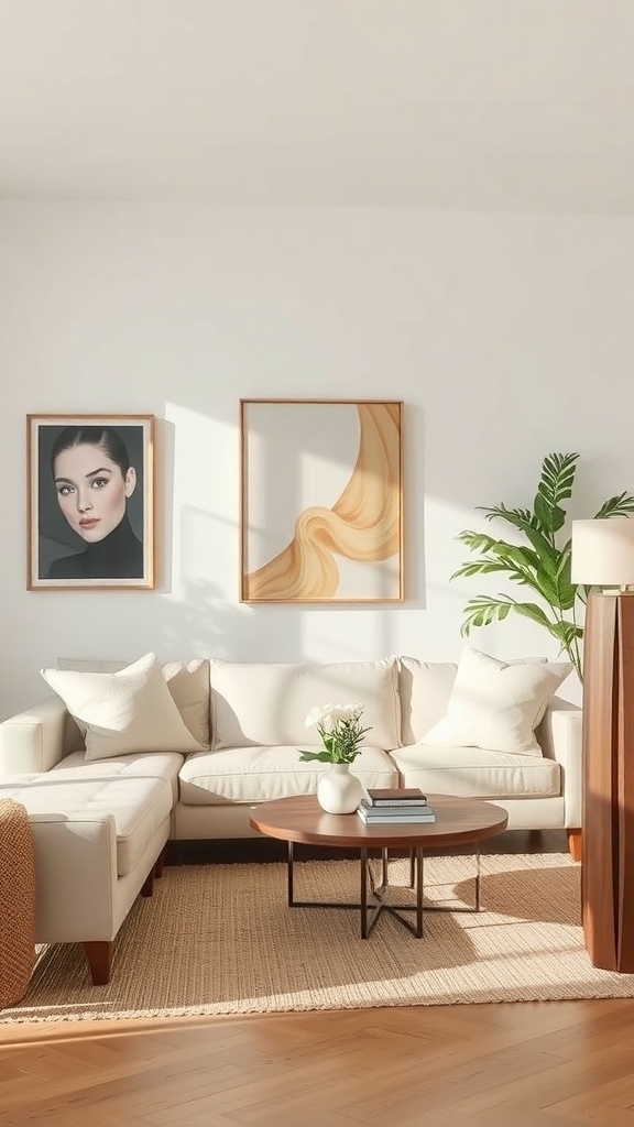 A soft neutral living space featuring a light-colored sofa, wooden coffee table, and subtle art on the walls.