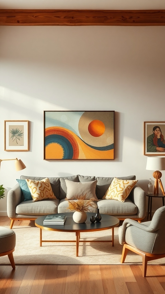 A warm-tone living room featuring cozy furniture, colorful artwork, and decorative accents.