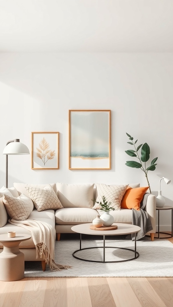 A neutral living room with soft hues, featuring a light-colored sofa, decorative pillows, and framed art on the wall.