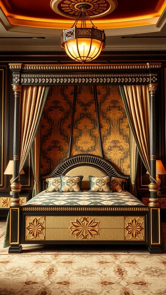 An elegant Art Deco canopy bed with intricate designs and warm colors, featuring soft drapes and a stylish chandelier.