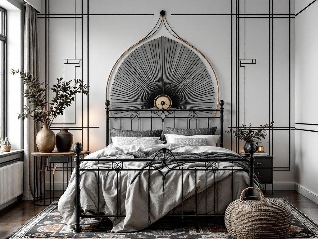 A stylish bedroom featuring a black metal bed frame with an intricate headboard, geometric wall designs, and elegant decor.
