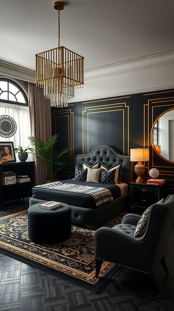 A stylish bedroom featuring black furniture, Art Deco elements, and a cozy atmosphere.
