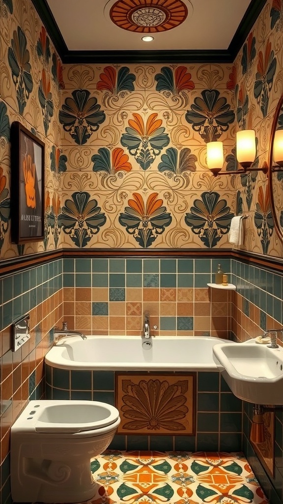A stylish bathroom featuring Art Deco tiles with vibrant colors and geometric patterns.