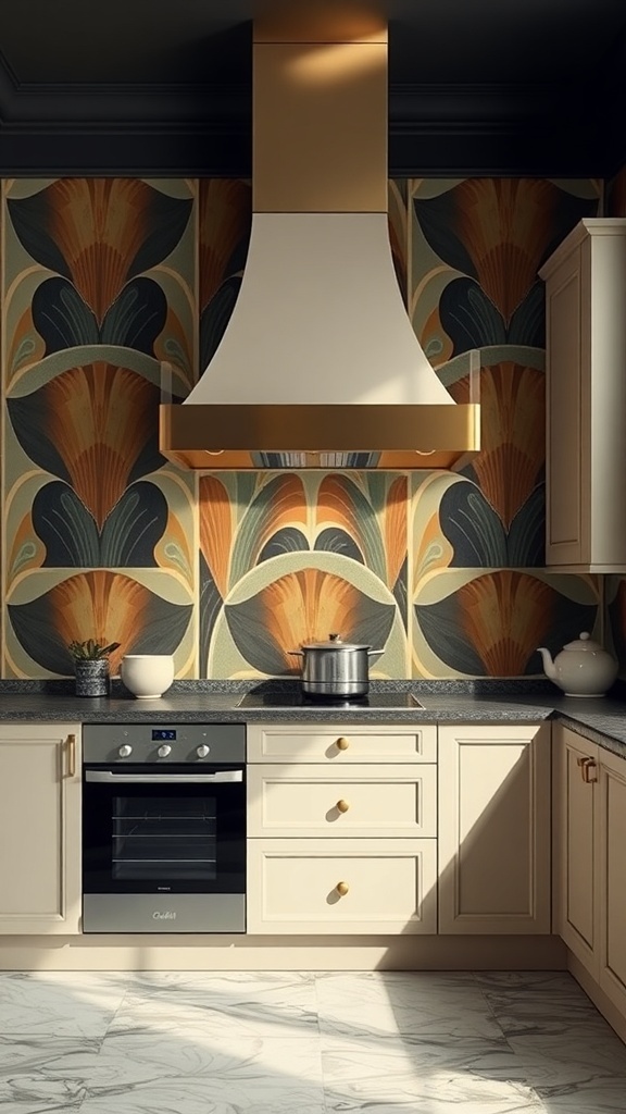 A kitchen featuring Art Deco inspired wallpaper with bold patterns and colors.