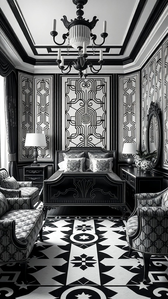 Art Deco inspired black and white bedroom with geometric patterns and elegant furniture.