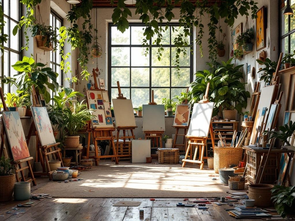Bright art studio filled with plants and easels, showcasing natural light and a creative atmosphere.