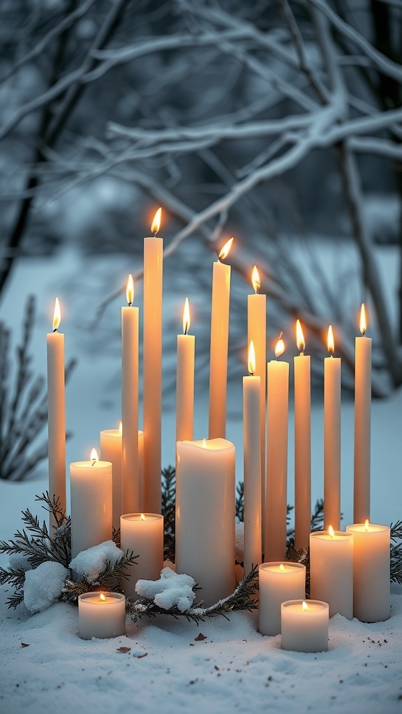 A beautiful arrangement of candles in the snow, creating a warm winter atmosphere.