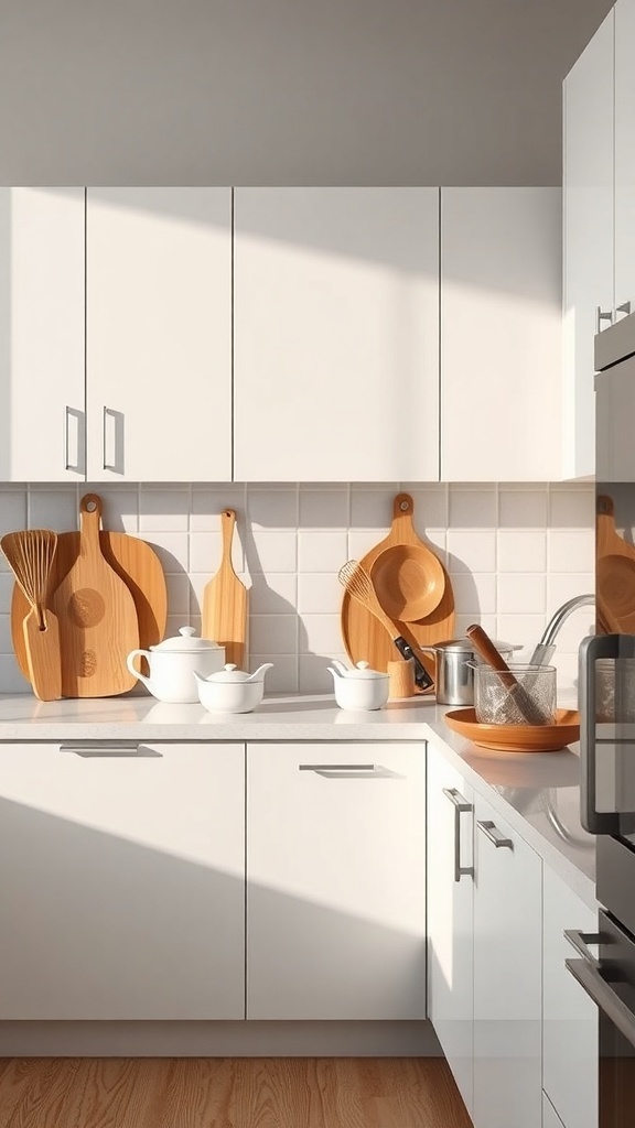 A minimalist kitchen with wooden cutting boards and white ceramic kitchenware arranged neatly.