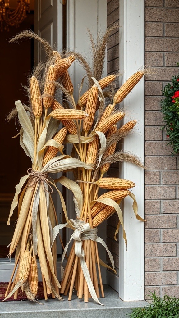 A decorative arrangement of dried corn stalks tied with ribbons at a front door.