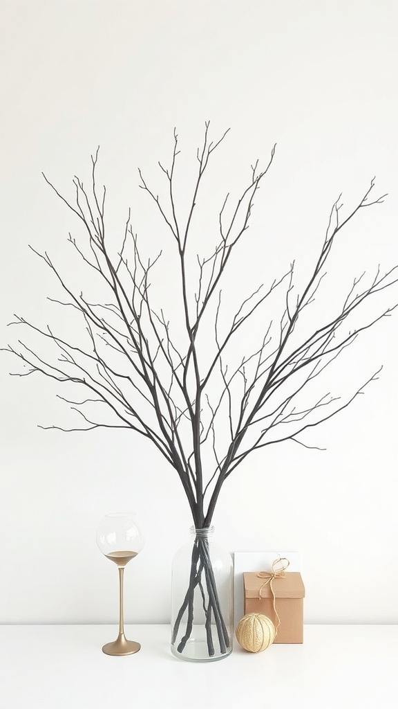 A minimalist Christmas decor featuring bare branches in a vase, a gold glass, and a wrapped gift.