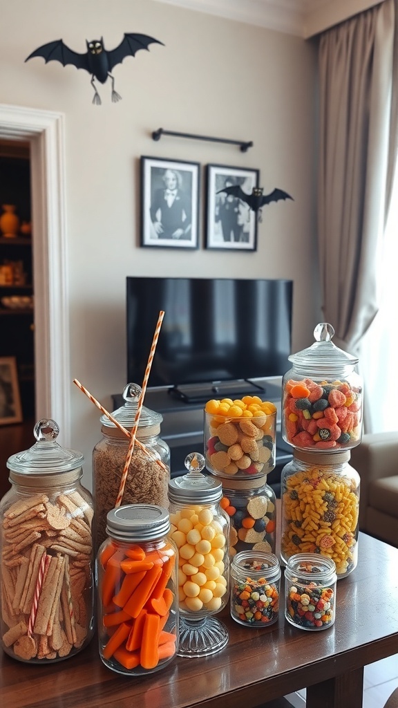 Colorful Halloween candy display with jars and decorations
