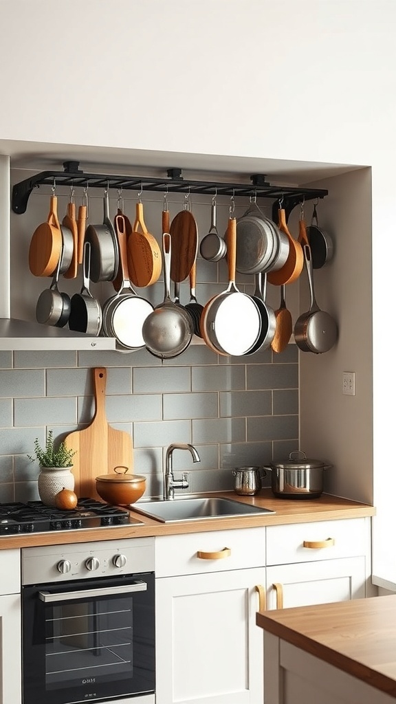 A modern kitchen with a stylish display of hanging cookware, featuring various pots and pans.