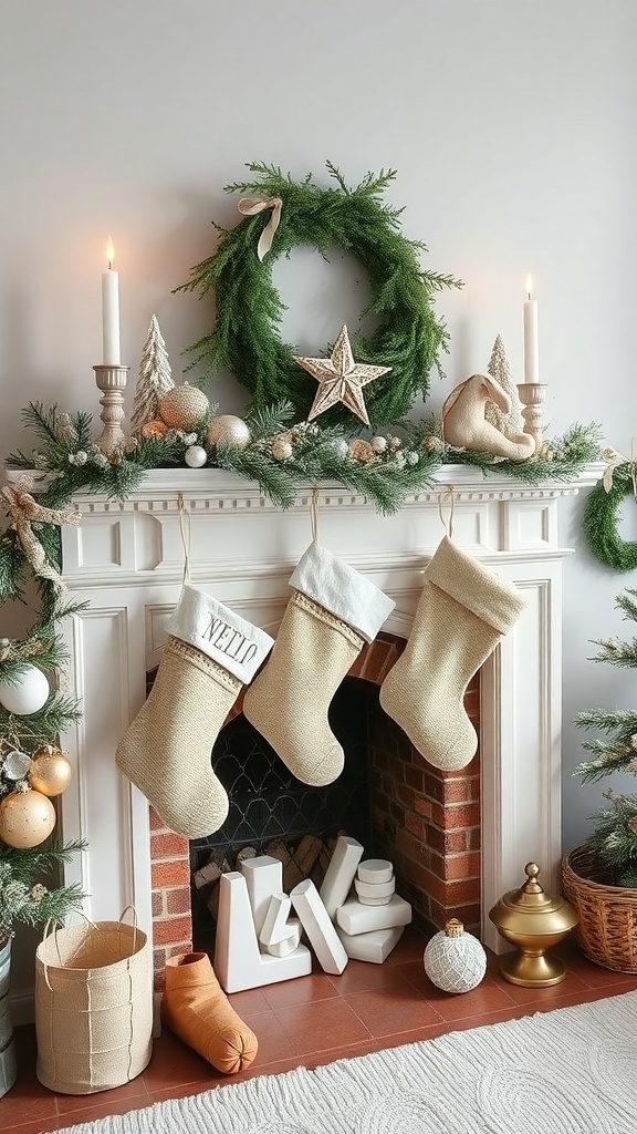 A cozy fireplace decorated with neutral stockings, greenery, and festive ornaments.