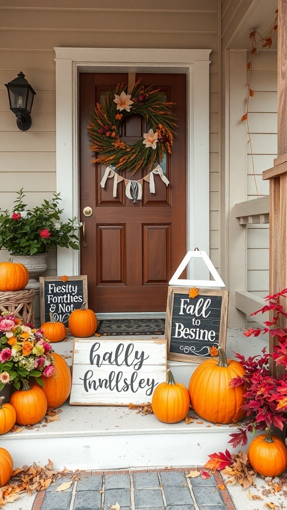 A fall-themed porch with wooden signs, pumpkins, and a wreath.