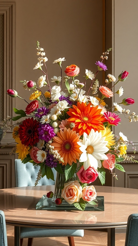 A colorful floral centerpiece with various flowers including roses, daisies, and gerbera daisies in a glass vase.