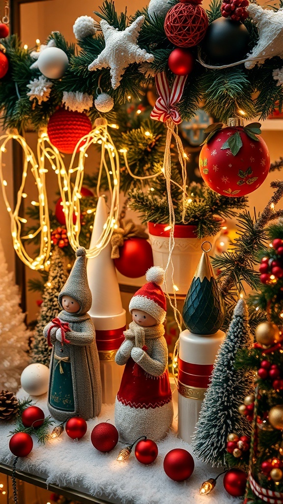 A beautifully arranged holiday display featuring festive figurines, ornaments, and twinkling lights.
