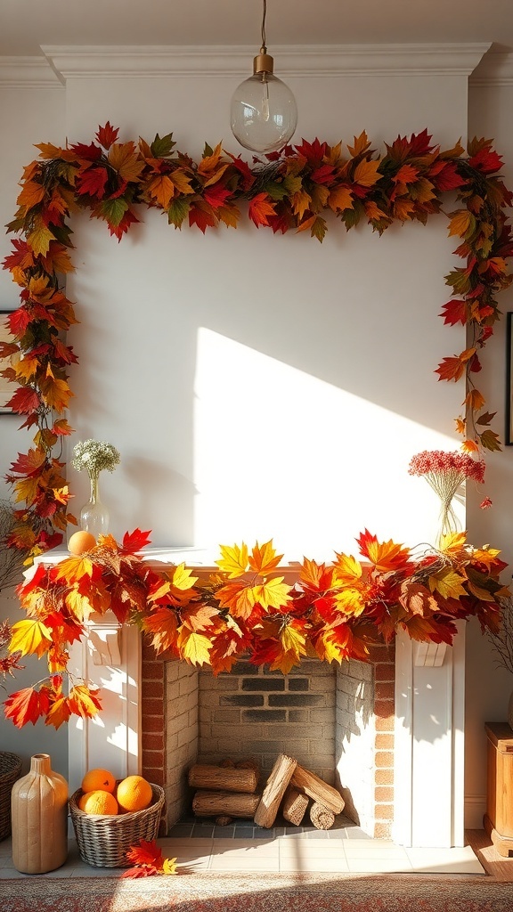 A cozy living room with a fireplace decorated with colorful leaf garlands in fall colors.