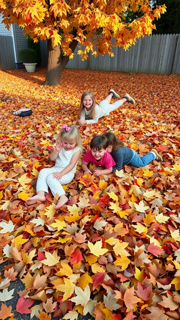 Children playing in a pile of colorful autumn leaves in a yard.