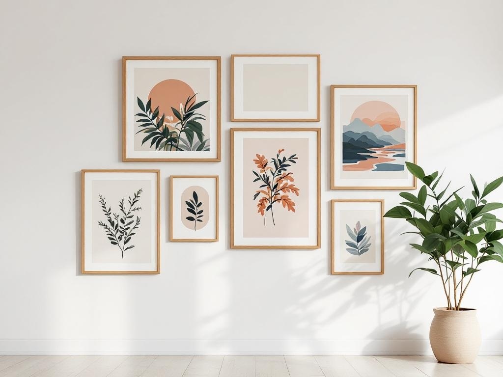 A collection of framed artworks on a white wall, featuring natural themes and soft colors, accompanied by a potted plant.