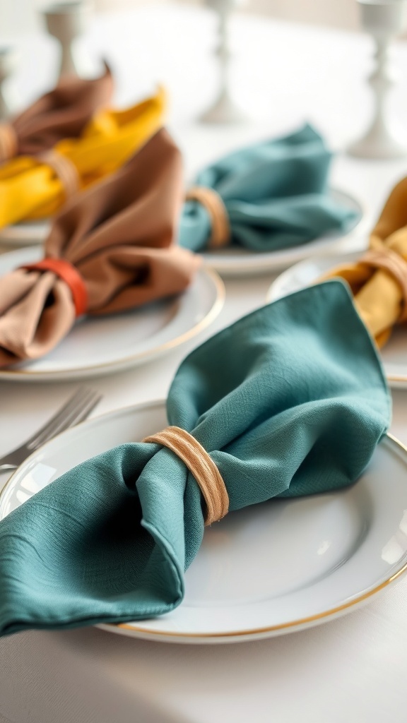 Colorful folded napkins on plates for winter table decor