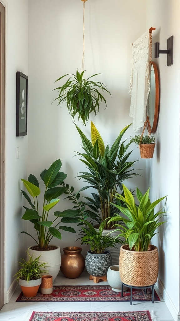 A cozy entryway filled with various indoor plants in decorative pots.