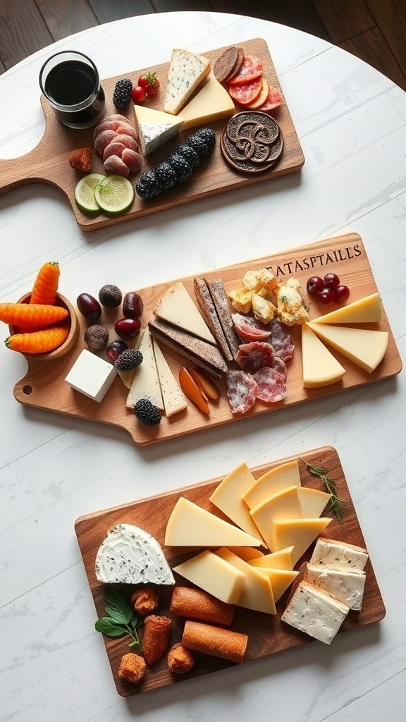 Three wooden serving boards with a variety of cheeses, meats, fruits, and snacks arranged for a charcuterie display.