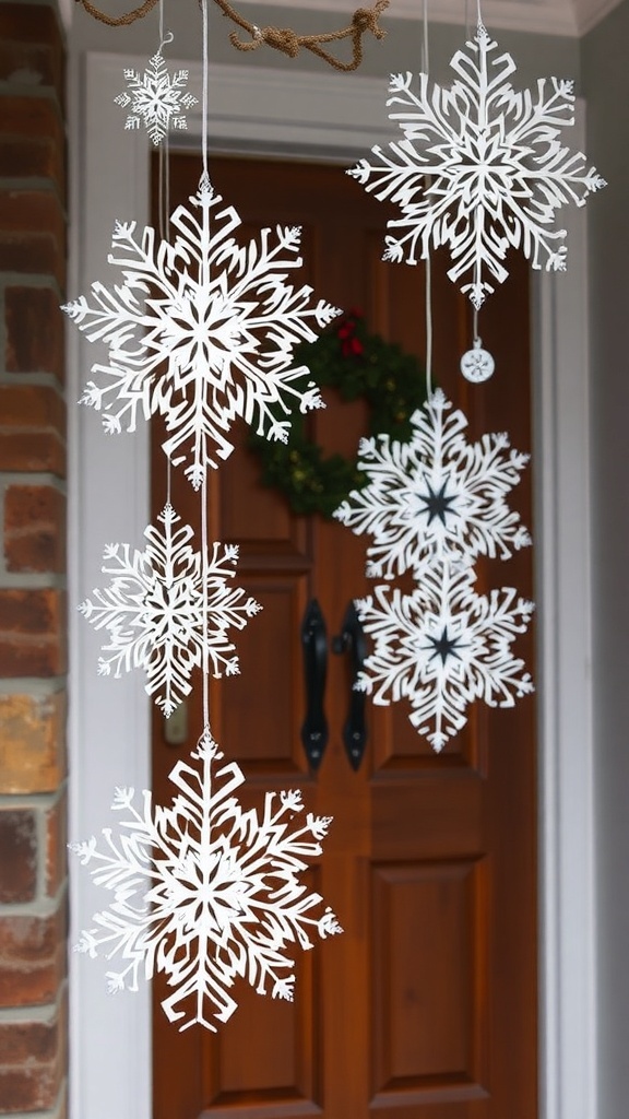 Hanging snowflake cutouts in front of a wooden door with a wreath.