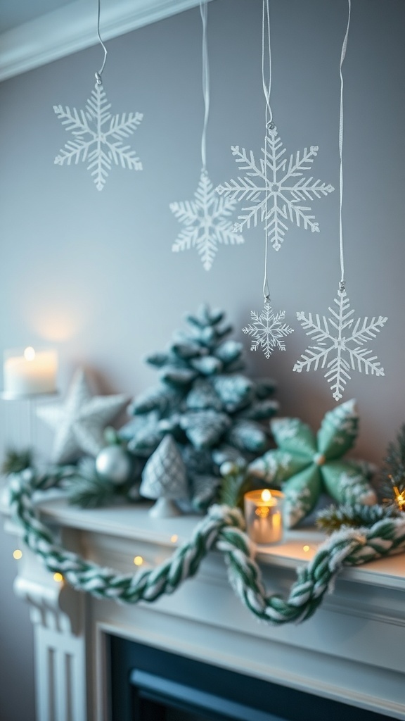 Decorative snowflakes hanging above a winter mantle with candles and greenery.