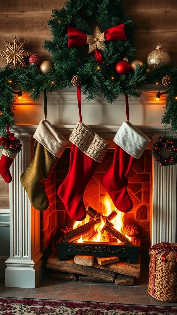 A beautifully decorated fireplace with colorful stockings and a festive wreath.