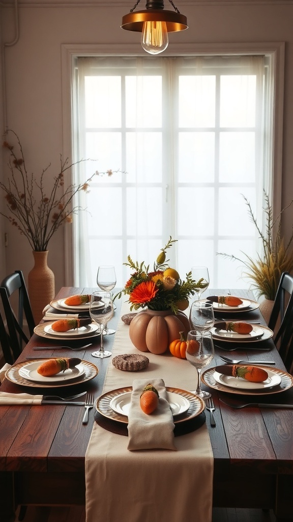 A beautifully arranged Thanksgiving table with a floral centerpiece, elegant tableware, and seasonal decorations.