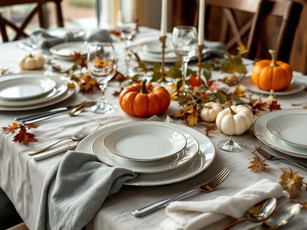 Thanksgiving dining table with elegant tableware, pumpkins, and autumn leaves