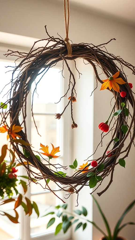 A twisted vine wreath adorned with orange leaves and red berries, hanging by a window.